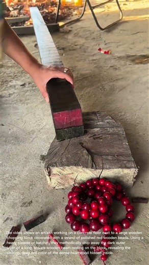 Precision Woodworking: Chopping Hardwood Timber to Reveal Rich Red Heartwood