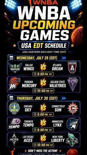 WNBA Upcoming Games July 29–30, 2026 🏀🔥 | Full Schedule & USA EDT Times