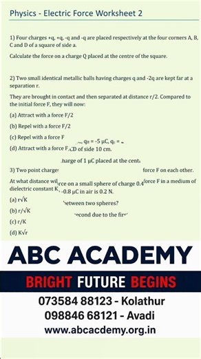 Class 12 Physics | Chapter 1: Electric Charges & Fields | Worksheet 2.