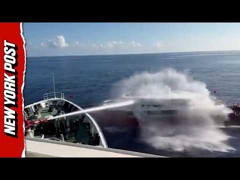 Moment Taiwan Coast Guard BLASTS Chinese Fishing Boat With Water Cannon