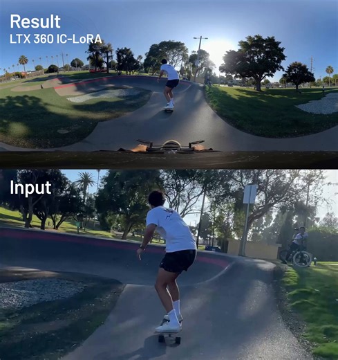 Creating 360 equirectangular footage from regular flat footage using another @ltx_model IC-LoRA in @ComfyUI 🛹