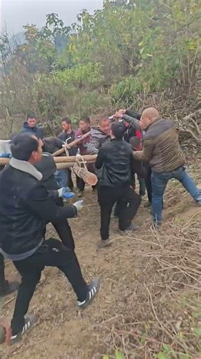 Stone tombstones handling: Workers move a 750-kg stone tombstone via the torsion bar carrying method