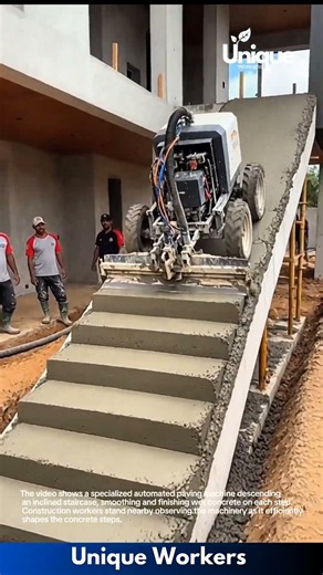 Finishing Concrete: Specialized Machine Smooths Concrete Steps on Inclined Staircase