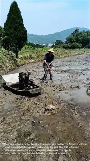 Muddy Rice Paddy Tilling: Farmer Uses Small Tiller in Flooded Field