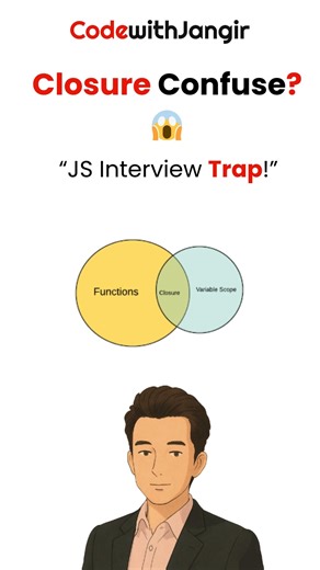 Code With Jangir on Instagram: "JavaScript Interview Question for Freshers 🔥 Do you know how a function can remember variables even after execution? That concept is called Closure. ✔ Closure = Function + Lexical Environment ✔ One of the most asked JS interview questions ✔ Used in callbacks, setTimeout & React Save this reel for your JavaScript interview prep 💡 Follow @codewithjangir for daily coding concepts 🚀 #javascript #closure #javascriptinterview #jsinterview #codingforfreshers #frontend