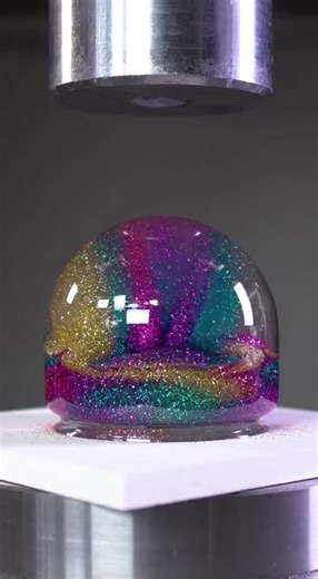 Nic Davis on Instagram: "Watch a crystal-clear dome filled with swirling, vibrant liquids and glitter get crushed by a hydraulic press! The glass shatters and unleashes a dramatic explosion of thick, colorful liquid that floods the platform in the most satisfying way possible."