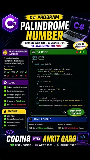 🚀 C Sharp Program | Palindrome Number #CSharpProgramming #PalindromeNumber #DotNetDeveloper #Coding