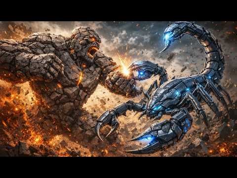 Giant stone man battles alien iron scorpion