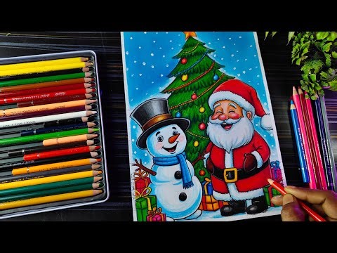 Merry Christmas Drawing, Santa Claus Drawing, Santa With Snowman Drawing Colour, Christmas Tree Art