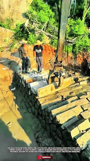 Heavy Excavator Stone Grapple Tool Speeds Up Retaining Wall Construction #ToolHolder