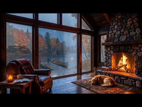 🔴 LIVE🍂 Rainy Autumn Night in Cozy Cabin with Sleeping Dog : Fireplace & Gentle Rain for Sleep