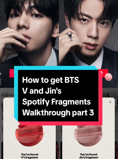 Got Jin and Taehyung / V's fragments today. ✨️ Here's how to get them: V: Go to BTS Radio Playlist Jin: Go to BTS profile description Previously uploaded how to get: Jimin, RM, Suga, and J-Hope's Spotify Fragments for their special messages. ------ #DecodingArirang #BTS #BTS_ARIRANG #KPOP #SpotifyDecodingArirang