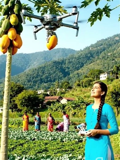 Harvesting process of papayas in a village vegetable garden using a drone