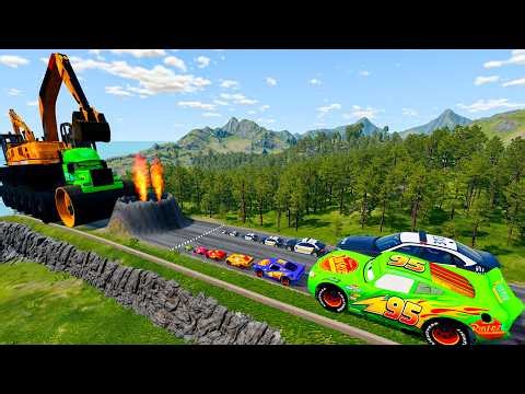Big & Small McQueen & Police Car vs Zombie Mack, Giant Speed Bumps Downhill Race – BeamNG.drive