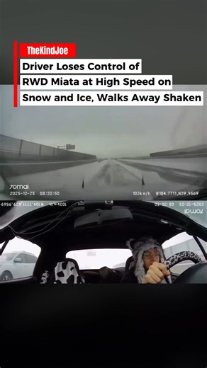 Kind Joe on Instagram: "A woman was left visibly stunned after crashing her rear wheel drive Miata while driving over 60 mph on a highway covered in powder snow and ice. Video from the scene shows the car spinning out of control before coming to a stop, highlighting just how dangerous winter driving conditions can become at highway speeds. She later shared the clip herself, acknowledging the mistake and confirming she was not seriously hurt. “I get it. I was going too fast. I am okay. RIP car,” 