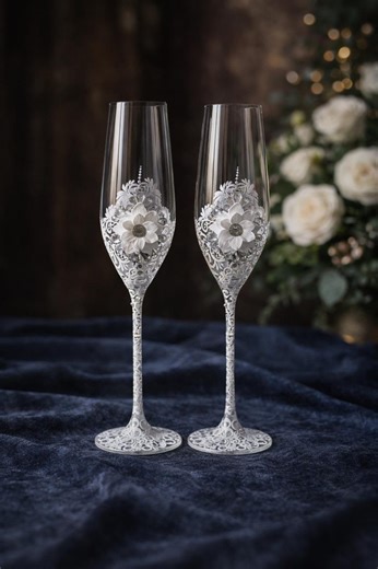White Wedding Champagne Flutes With 3D Sculpted Flower Bride Groom Toast Glasses Set Gift - Etsy