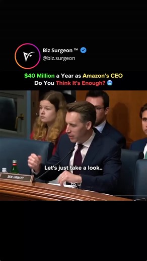 Biz Surgeon ™ | Business | Wisdom on Instagram: "$40 Million vs the Warehouse Floor: The Pay Gap That Exposed Big Tech 👇 In a tense Senate exchange, Josh Hawley confronted Andy Jassy over his roughly $40 million annual compensation. Hawley framed the number as a symbol of Big Tech excess—especially when compared to warehouse wages, strict productivity quotas, and ongoing safety concerns across Amazon’s workforce. Jassy pushed back, explaining that most of his pay comes in long-term stock that v