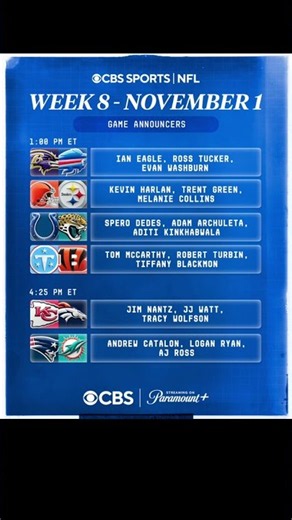 NFL week eight schedule of games on CBS ￼