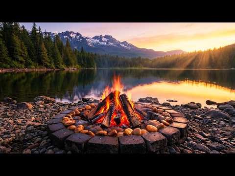 Tranquil Lakeside Campfire 🔥 Golden Sunset Ambience & Crackling Fire | 4K UHD #fireplace #asmr #fire