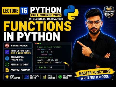 Lecture 16: Python Functions | User Defined Function, Arguments, Parameter | Python Full Course 2026