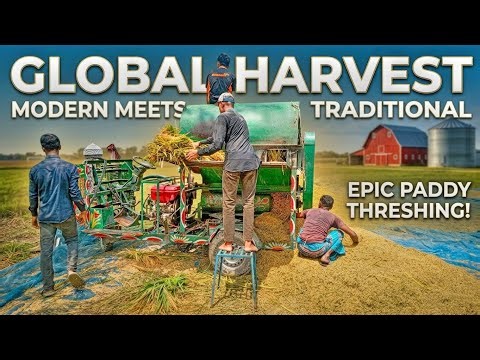 Modern Rice Threshing Process on the Farm | Traditional Farming Meets Machinery