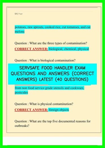 SERVSAFE FOOD HANDLER EXAM QUESTIONS AND ANSWERS CORRECT ANSWERS LATEST 40 QUESTIONS video