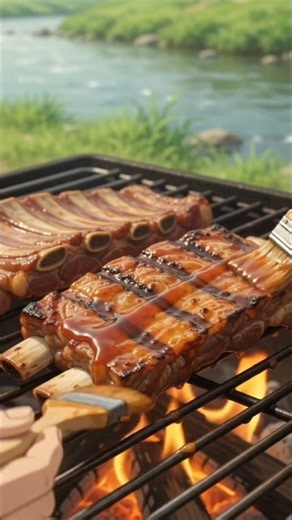Juicy beef ribs glazed with smoky BBQ sauce, grilled corn, #flamegrilled #spicygrilledch