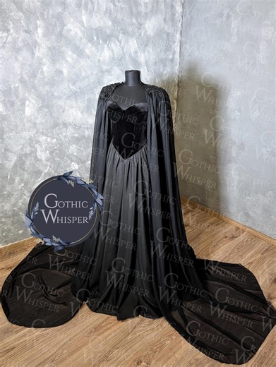 Black Gothic Wedding Dress With Cape, Velvet Corset Gown, Chiffon Skirt, Alternative Bridal Outfit, Dark Romance Bride, 3 Piece Set - Etsy