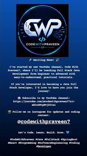 Welcome to Code With Praveen7 | Full Stack Java Course Starts Here!