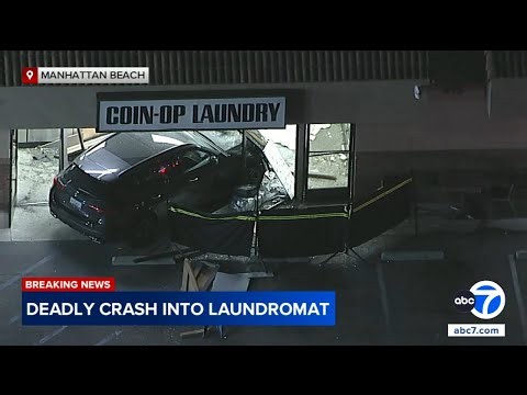 1 dead after car jumps curb, slams into front of Manhattan Beach laundromat