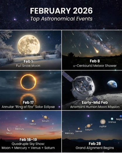 February 2026: Sky Full of Wonders February 2026 is packed with breathtaking astronomical events! From a glowing Full Snow Moon and a stunning annular solar eclipse, to meteor showers and rare planetary alignments — this month offers unforgettable views for skywatchers and space lovers. Don’t miss these cosmic highlights! 🚀✨ #February2026 #Astronomy #SpaceEvents #SkyWatch #Stargazing | Cosmos Stargazers