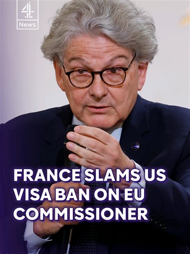 French President Emmanuel Macron has condemed a visa ban imposed by the US on Thierry Breton, a former European Union commissioner who helped drive the EU's Digital Services Act, which has targeted US tech companies. Trump officials have ordered US diplomats to oppose to the Act which is intended to combat hateful speech and misinformation, but which Washington says stifles free speech. #EU #US #Trump #France #C4News