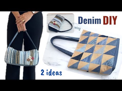 2 ideas denim simple patchwork technique into shoulder bag and denim tote bag , Patchwork bag ideas