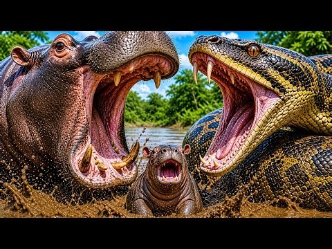 Deadly Python Attacks Hippo… Baby Caught Between Them! 😨