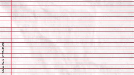Notebook paper background, with looping crumpled textured effect lined paper with red margin. Seamless school exercise book animation 4k video