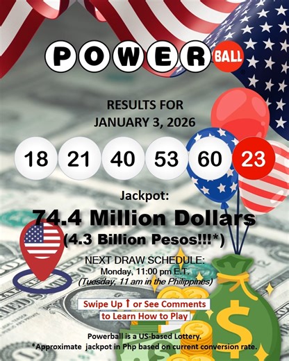 🎟️ Powerball Results – January 3, 2026 Today’s Powerball winning numbers are here! 🎱🍀 Double-check your tickets and get ready for the next draw. Follow for more lottery updates and reminders. #Powerball #PowerballResults #PowerballToday #lottoresults #lottoresultstoday #lotto #lottery #jackpot #winningnumbers #USLottery #results | World's Biggest Lotto Results