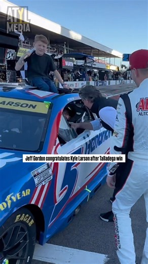 Jeff Gordon and William Byron congratulate Kyle Larson on Talladega win