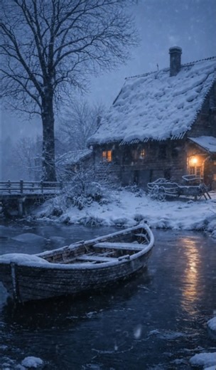 Snowy Cabin Night by the River ❄️|Calm Winter Ambience for Sleep & Relaxation 4k #snowynight #shorts