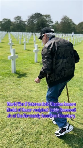 World War II Veteran Reid Clanton honors Medal of Honor recipient Teddy Roosevelt Jr. at the Normandy American Cemetery. #greatestgeneration #normandy #ww2history #neverforget | Walk Among Heroes