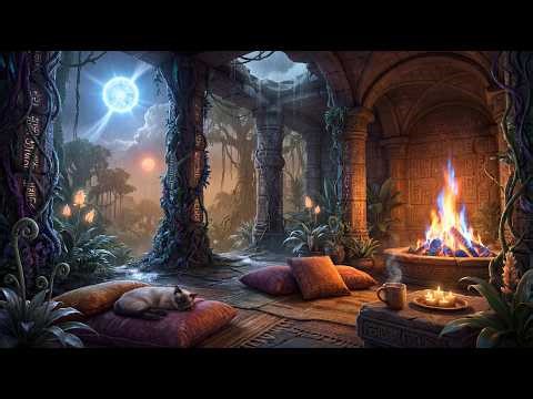 Ancient Alien Temple in the Rain — Fireplace & Rain Ambience for Sleep & Space Relaxation