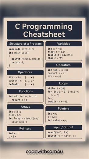 C Programming made easy One cheat sheet = full revision🚀#cprogramming #cheatsheet#reels #programmer