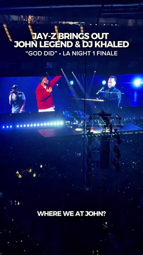 JUST WHEN WE THOUGHT IT WAS OVER!! 🥹🔥 JAY-Z brought out John Legend and DJ Khaled to close out LA Night 1 at SoFi Stadium with “GOD DID”!! 🙌🏽 And John Legend’s vocals?! What a way to end the night! 🎤✨ #JayZ #JohnLegend #DJKhaled #GodDid #sofistadium @SoFi Stadium @John Legend @djkhaled