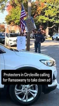 Protestors outside of Vivek Ramaswamy’s event in Circleville