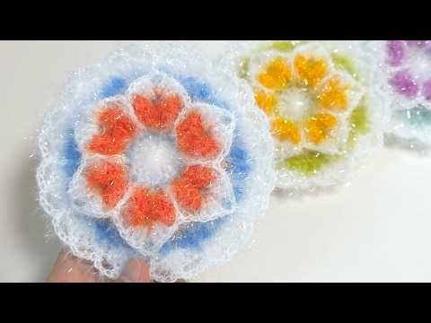 수세미뜨기 / 실물짱/ 입체 하트꽃 수세미/Crochet flower/ Crochet dish scrubber