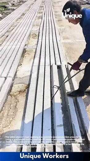 Concrete Post Production: Man Removes Newly Cast Concrete Posts from Molds