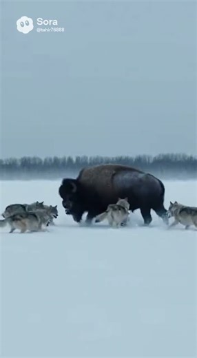 Wolf Pack Overpowering a Bison