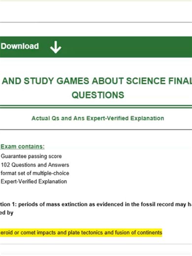 FREE AND STUDY GAMES ABOUT SCIENCE FINAL EXAM QUESTIONS Actual Qs and Ans Expert-Verified Explanation This Exam contains: -Guarantee passing score -102 Questions and Answers -format set of multiple-choice -Expert-Verified Explanation Question 1: periods of mass extinction as evidenced in the fossil record may have been caused by Answer: periodic asteroid or comet impacts and plate tectonics and fusion of continents Question 2: the largest source of anthropogenic greenhouse gases in the US is____