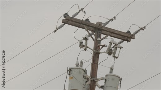 Utility power pole with transformers, insulators, cross-arm, wires