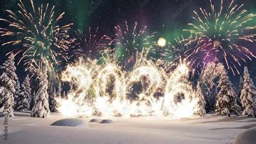 Winter Fireworks Display - The video shows a brilliant display of fireworks lighting up a winter sky filled with stars and the aurora borealis.
