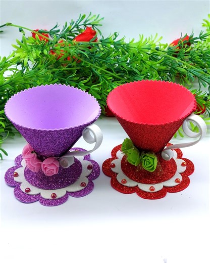 Most beautiful paper cup making very easy tutorial at home - Home decorating ideas with eva glitter faom sheet paper coffee cup #cup #handmade #decor | Origami Art & Crafts